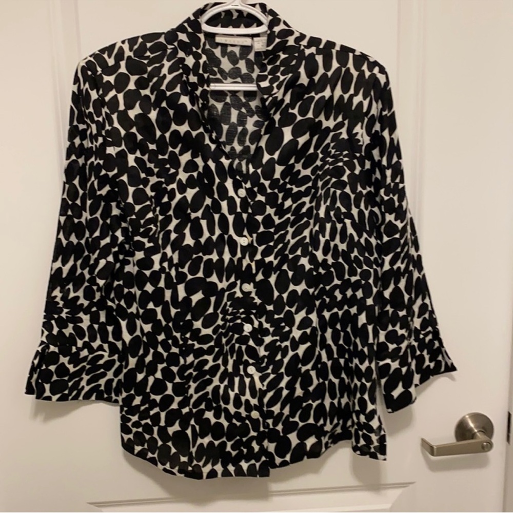 Tweeds Black and White 3/4 Sleeve Notched Collar Blouse
